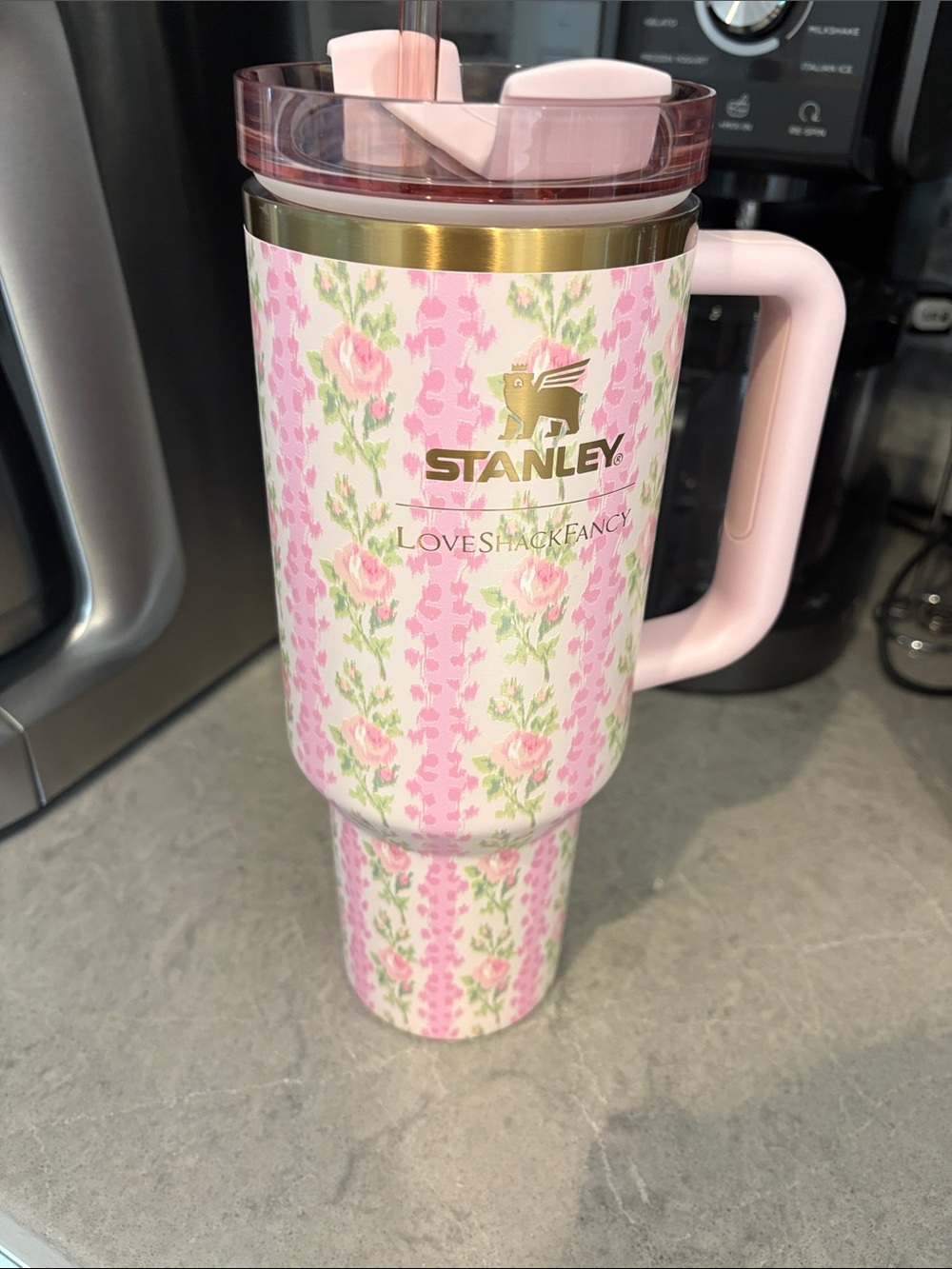 Stanley x love shack fancy Pink Floral Travel Tumbler with Gold Logo